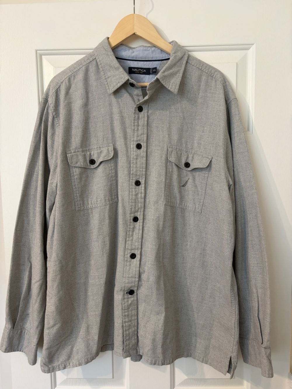 Nautica Light Gray Button-Up Shirt with Blue Stripe Lining
